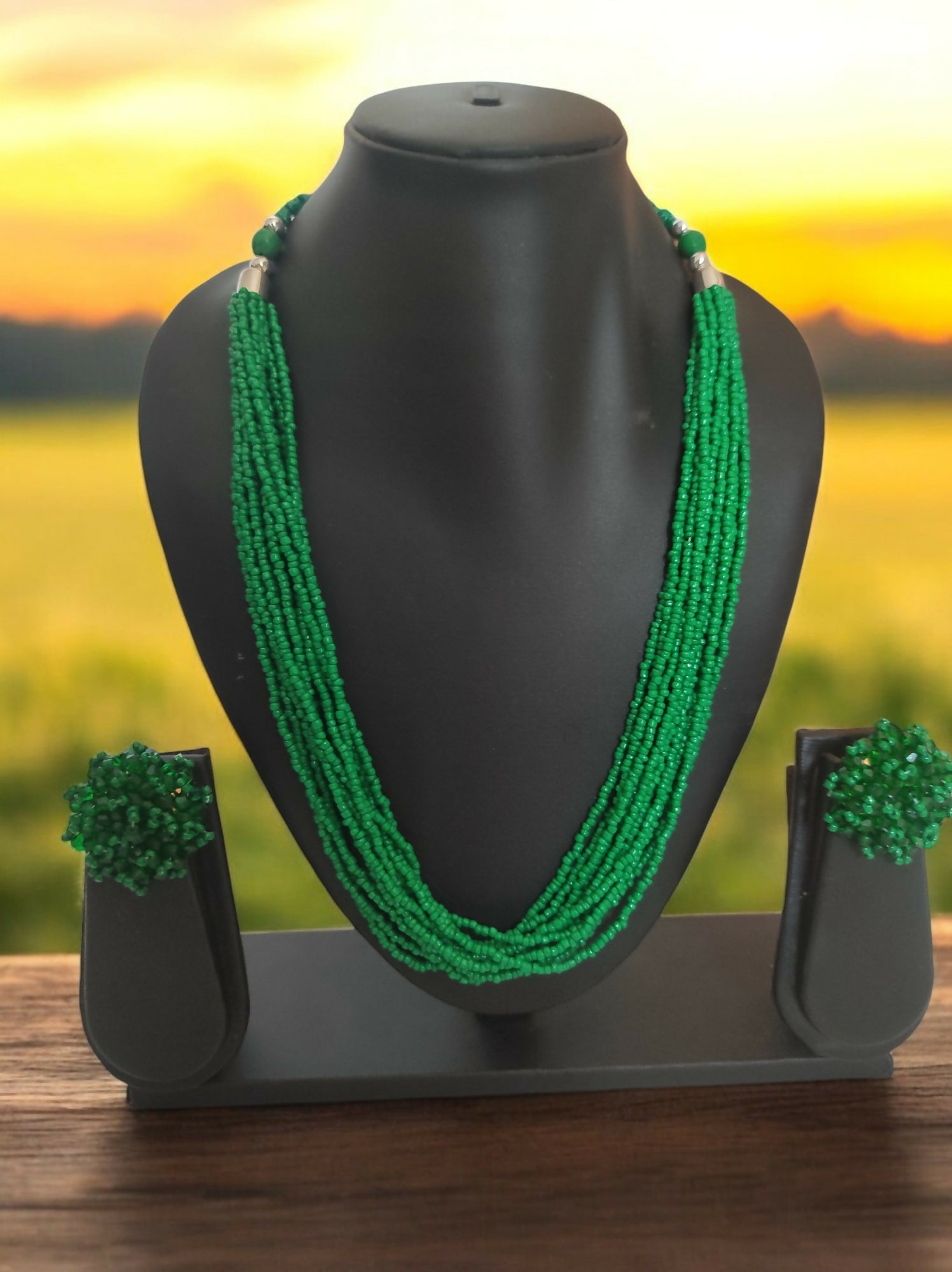 Inhanns Bloom Handmade Beaded Necklace With Earrings - 12 Layers - Darkgreen Necklace Set - Distacart