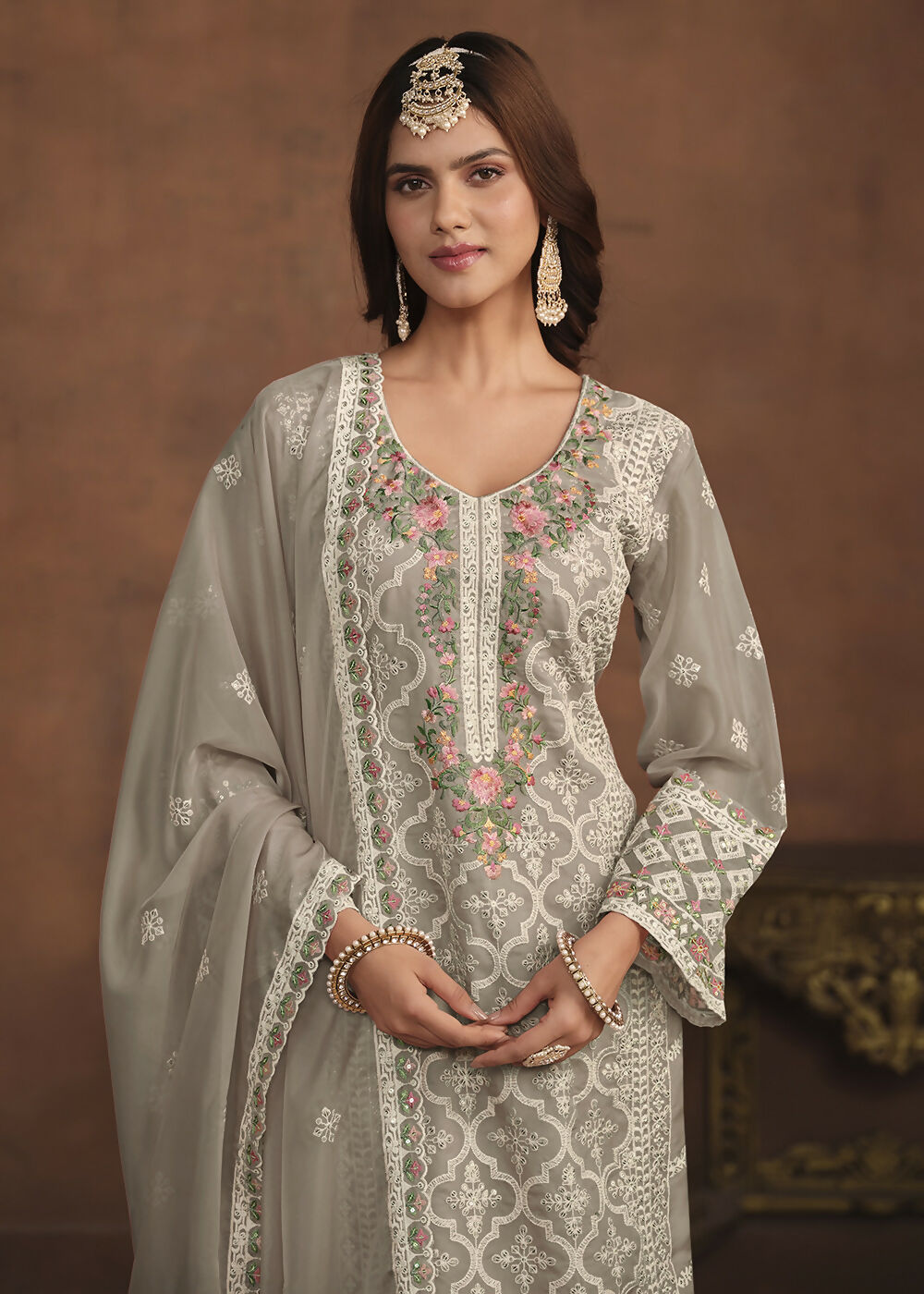 Slate Grey Soft Organza Embroidered Festive Salwar Suit - Emponline - Distacart