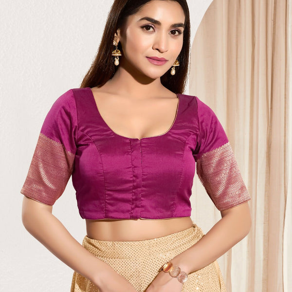 Joban Fashion South Pink Taffeta Silk Padded Blouse With Round Neck Elbow Sleeves
