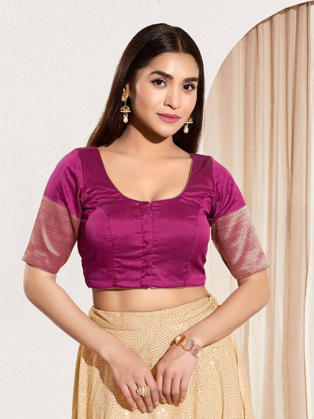 Joban Fashion South Pink Taffeta Silk Padded Blouse With Round Neck Elbow Sleeves - Distacart