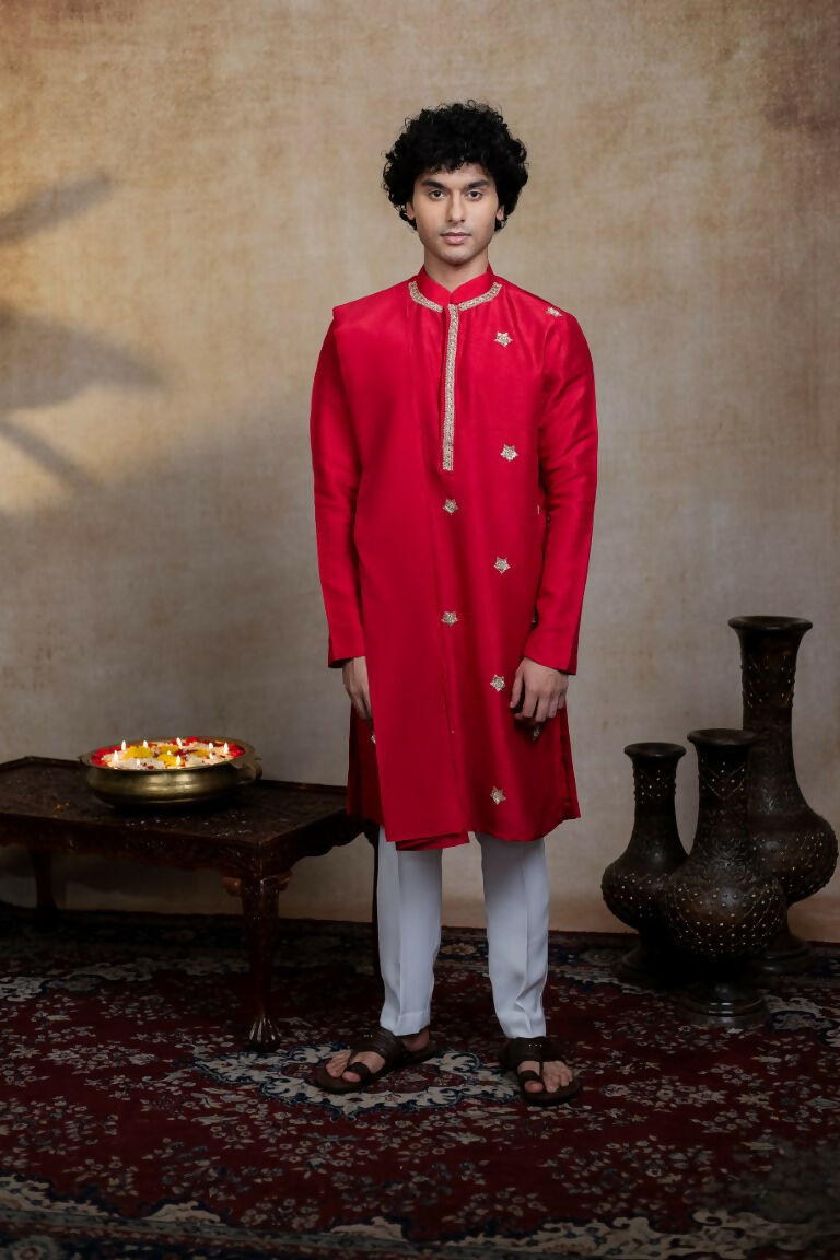 Falling Raw Silk Red Kumkuma Kurta Set By Hilo Design