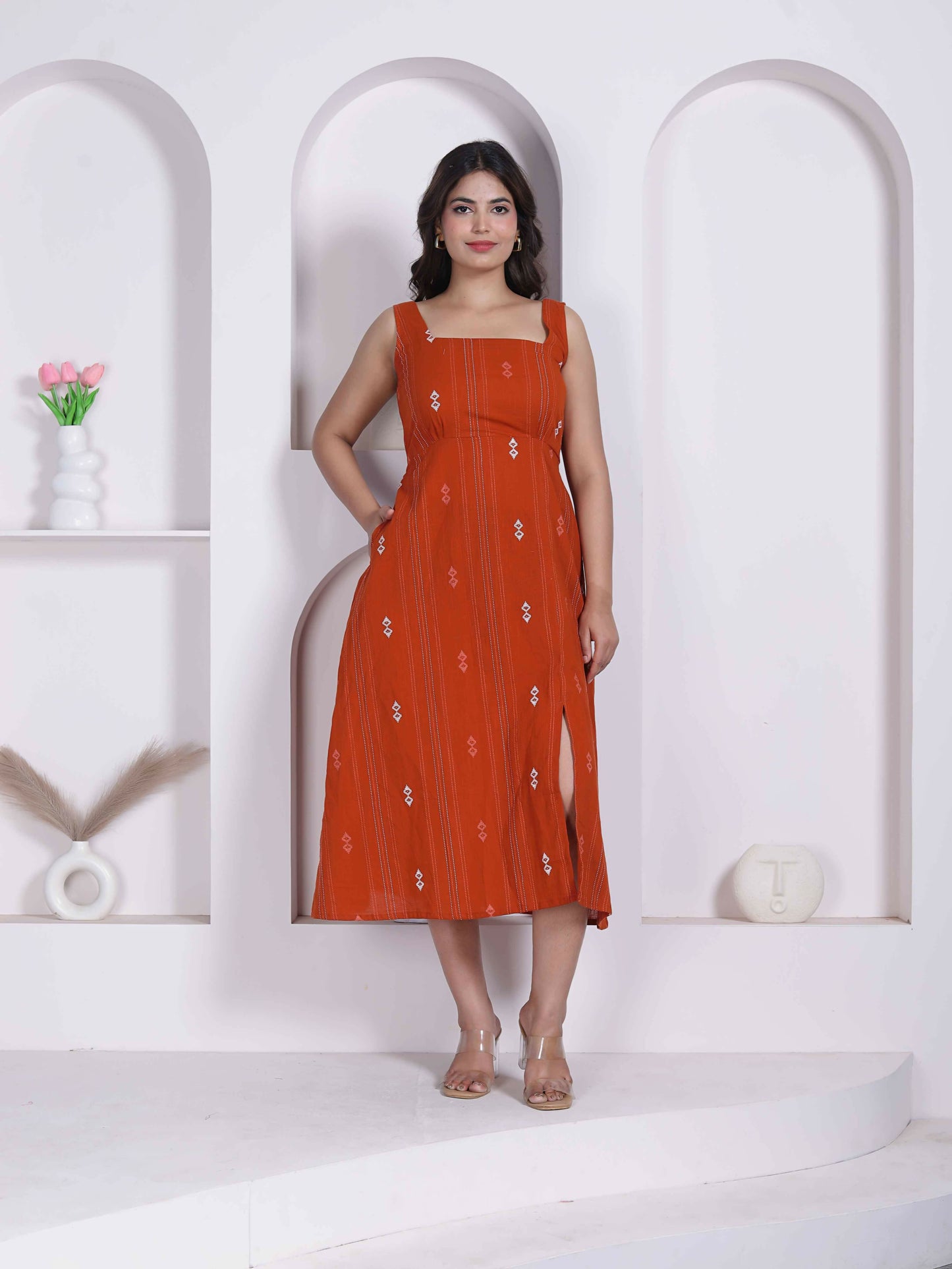 Miravan Womens Abstract Printed Rust ALine Maxi Dress - Dista