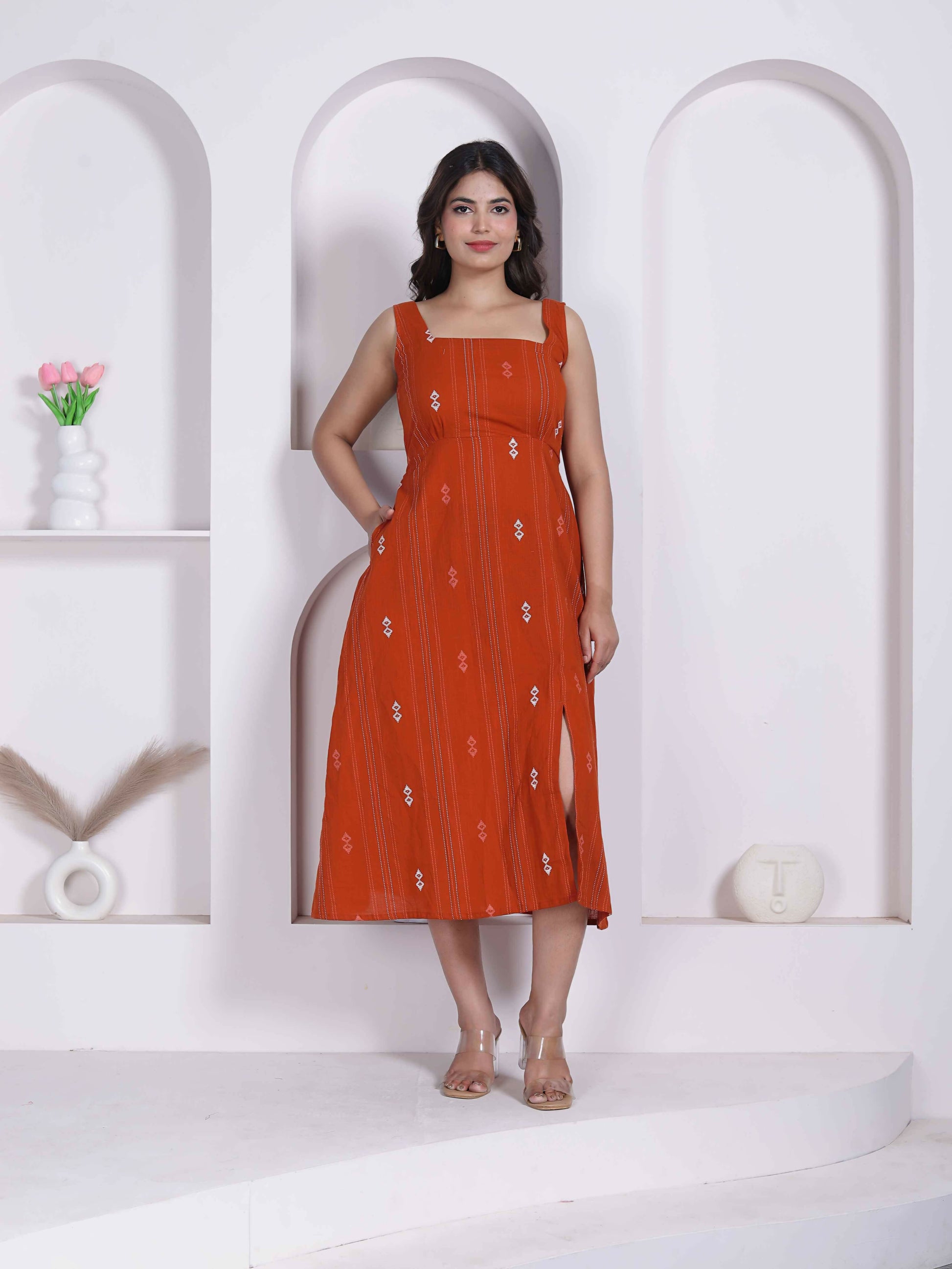Miravan Womens Abstract Printed Rust ALine Maxi Dress - Dista
