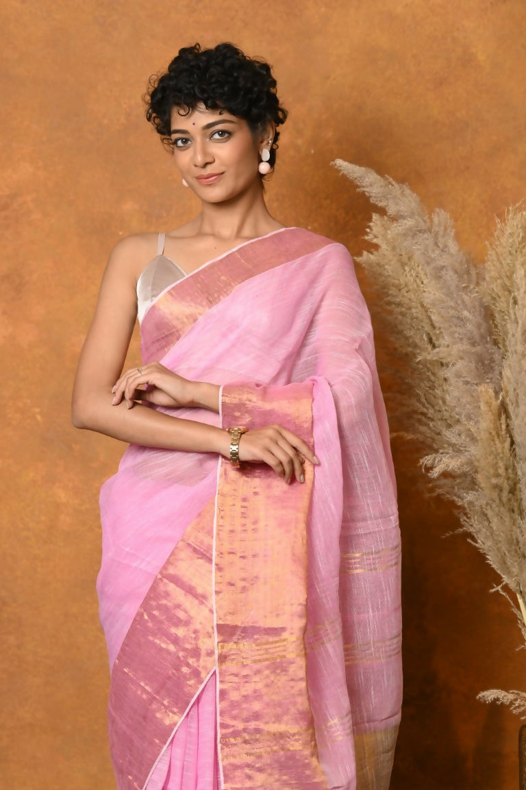 Very Much Indian Handloom Pure Cotton Linen Saree With Golden Border - Pink - Distacart