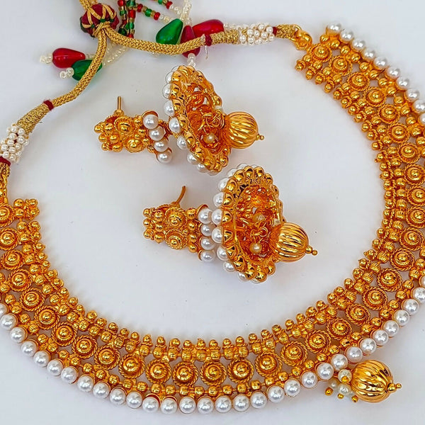 Designer Metallic Necklace Set With White Beads - Distacart