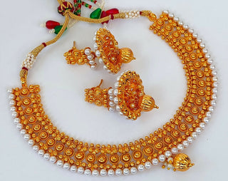 Designer Metallic Necklace Set With White Beads - Distacart