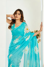 Thumbnail for Vastranavya Sky Blue Digital Printed Linen Ready To Wear Designer Saree with Unstitched Blouse - Distacart