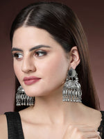 Thumbnail for NVR Women's Silver Plated Mirror Work Oxidised Contemporary Jhumka Earrings - Distacart