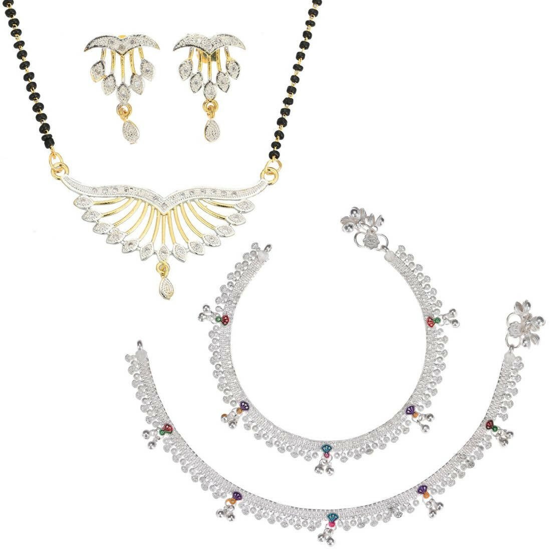 AanyaCentric Gold-plated Mangalsutra Pendant Earring Set & Silver Plated Anklet - Distacart