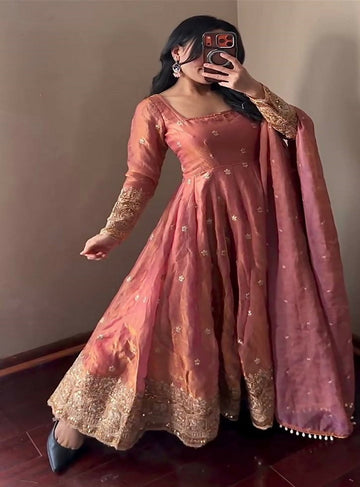 Teeya Creation Peach Festive Wear Heavy Border Anarkali Gown Suit - Dista