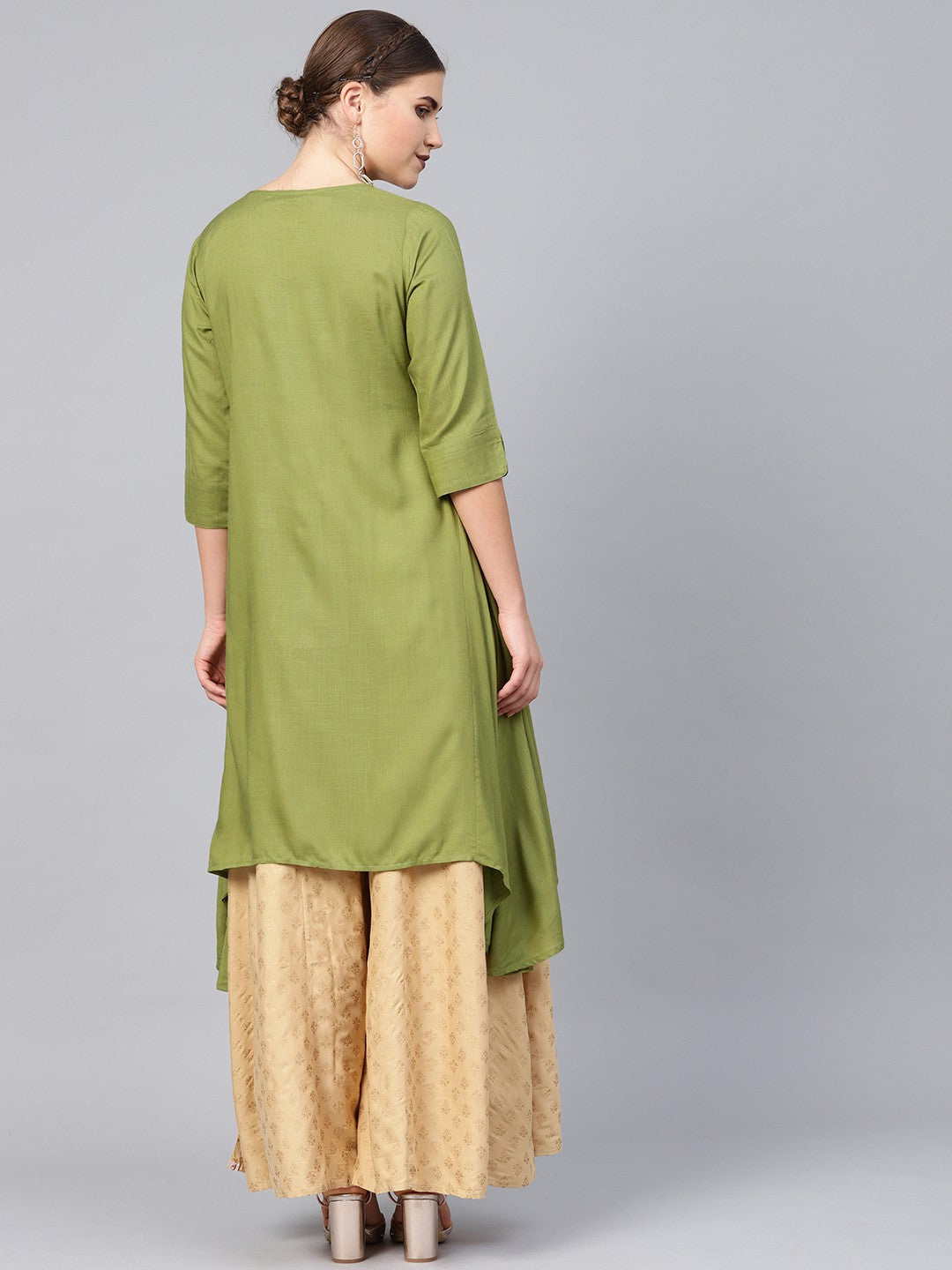 Juniper Olive Rayon Slub Solid Asymmetric Kurta with Tie-up Dori & Tassels - Distacart