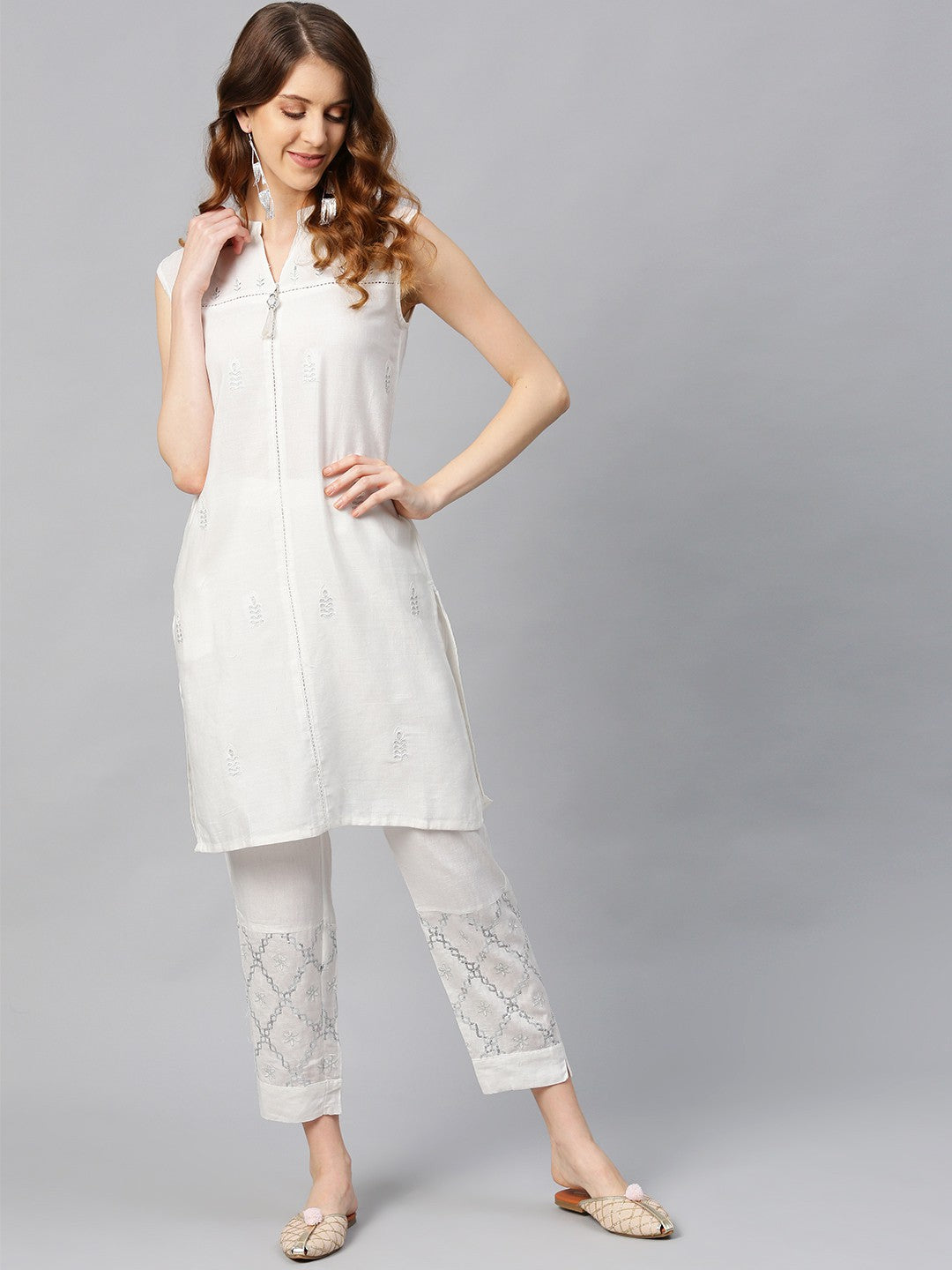 Juniper Women's White Viscose Rayon Embellished Kurta Set - Distacart