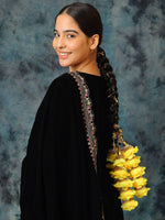 Thumbnail for Ruby Raang Gold Gota Pati Work And Yellow Rosses With Black Thread & Golden Stones - Distacart