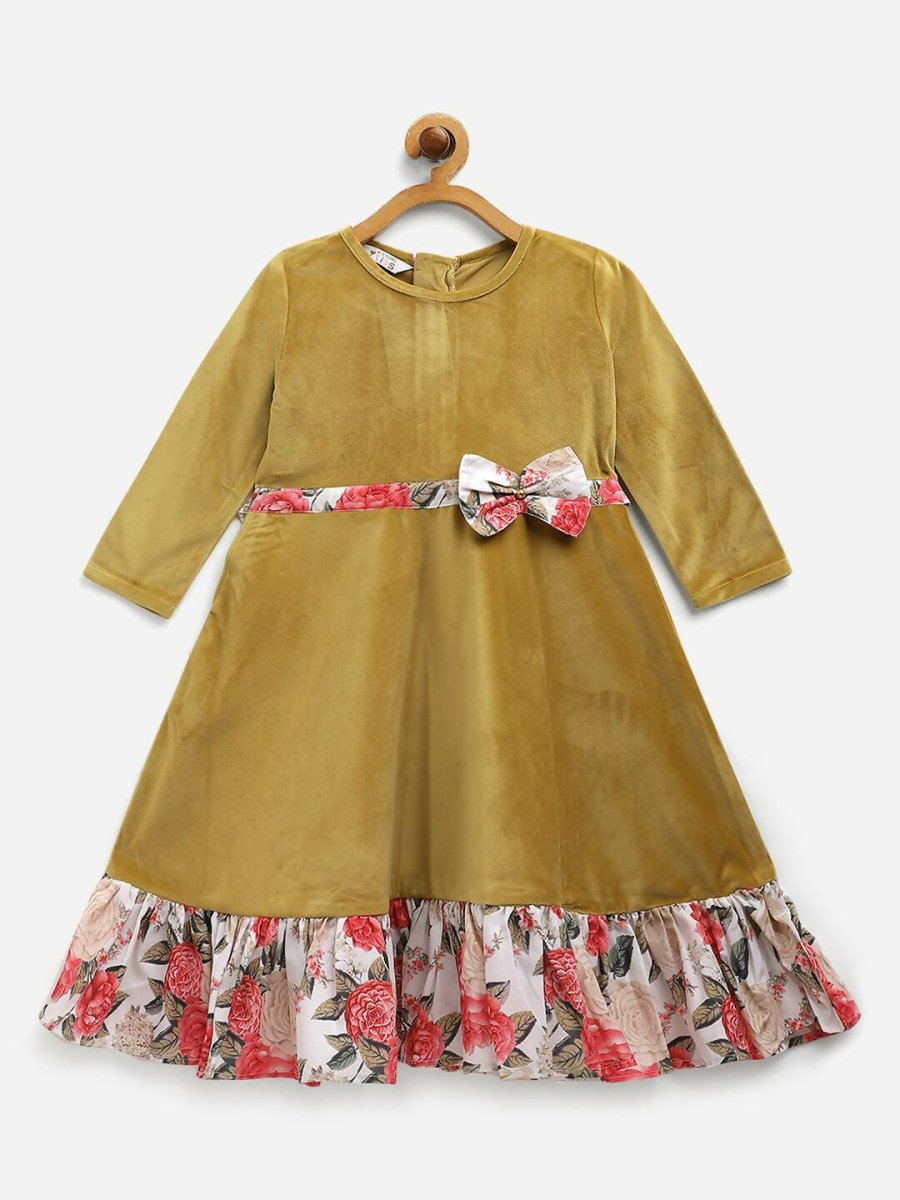 Ahalyaa Mustard Velvet Plain Kids Frilled Kurta For Girls - Distacart