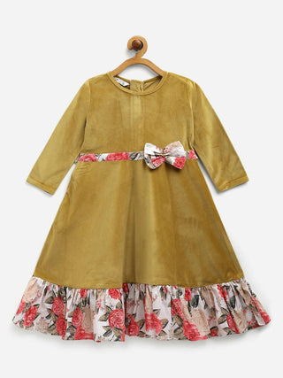Ahalyaa Mustard Velvet Plain Kids Frilled Kurta For Girls - Distacart