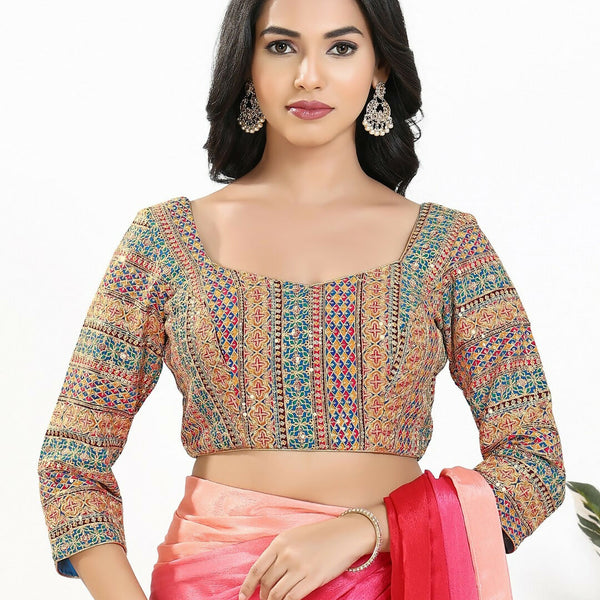 Joban Fashion Blue Multi Silk Padded Blouse With Sweetheart Neck 3/4 Sleeves - Distacart