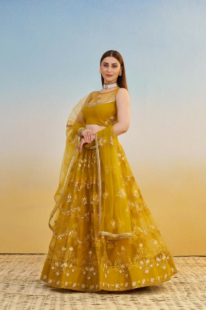 Aastha Fashion Mustard Yellow Butterfly Net Tone To Tone Cotton Thread Work And Sequence Work Embroidery Wedding Wear Lehenga Choli - Distacart