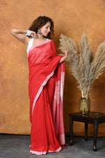 Thumbnail for Very Much Indian Pure Cotton Handloom Saree with Buttis & Sleek Border - Red - Distacart