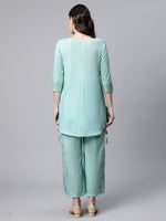 Thumbnail for Ahalyaa Women Teal Pure Cotton Gold Foil Printed Pakistani Style Kurta Palazzo Set - Distacart