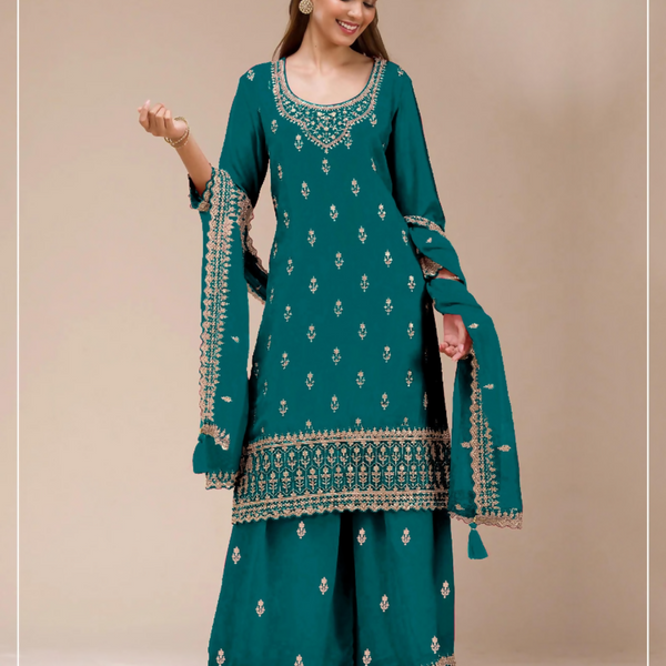 Anaita Teal Green Georgette Stitched Suit with Heavy Embroidery Work - Distacart