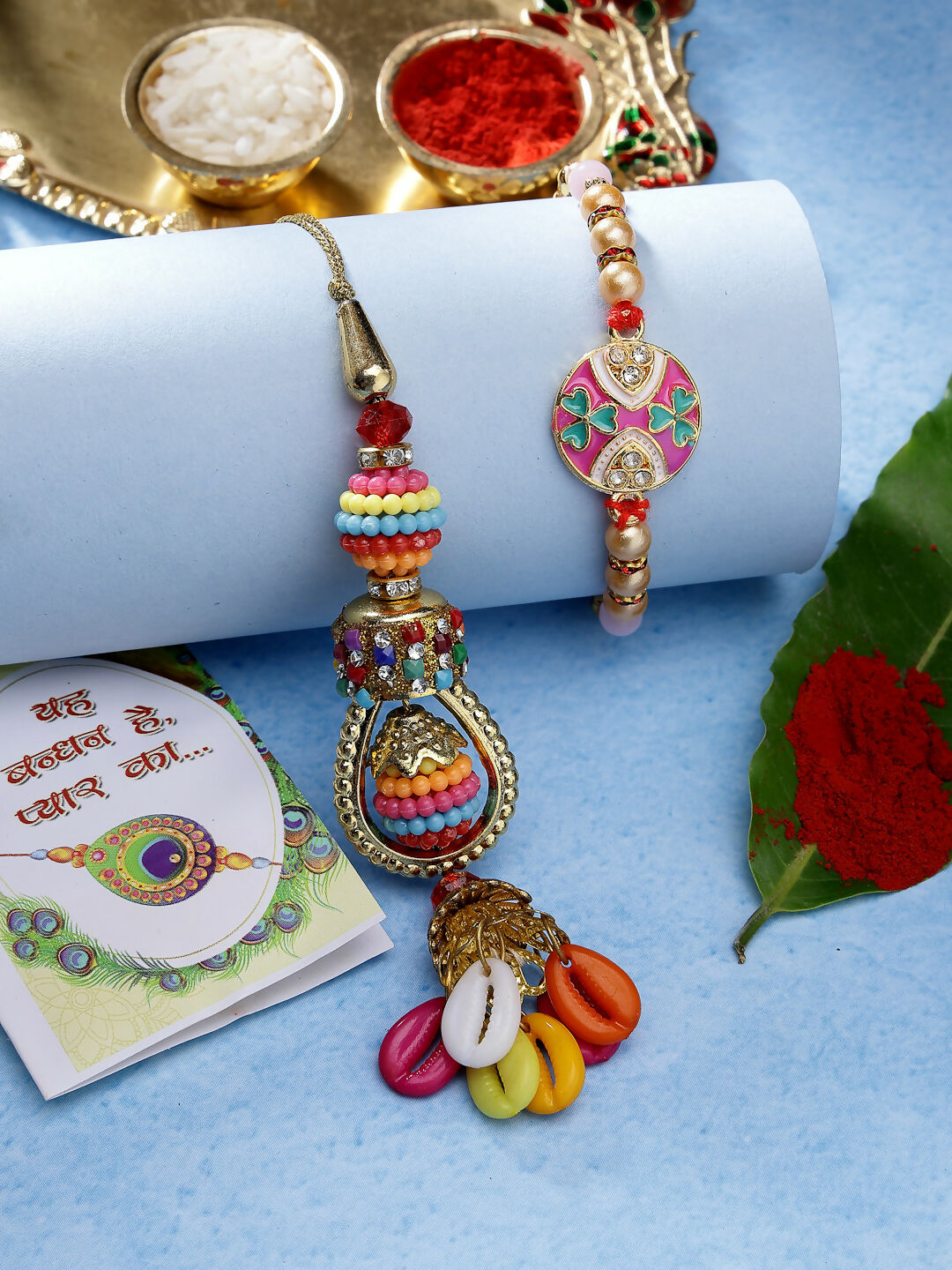 NVR Women & Men Set of 2 Multicolor Artificial beads Bhaiya Bhabhi Rakhi With Roli Chawal & Chocolate - Distacart