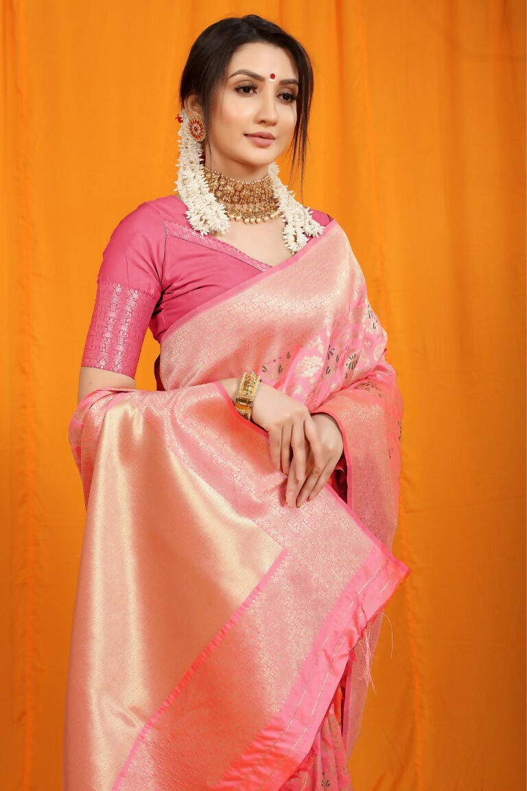 Jyoti Fashion Women's Pink Kanjivaram Silk Zari Woven Saree with Blouse - Distacart