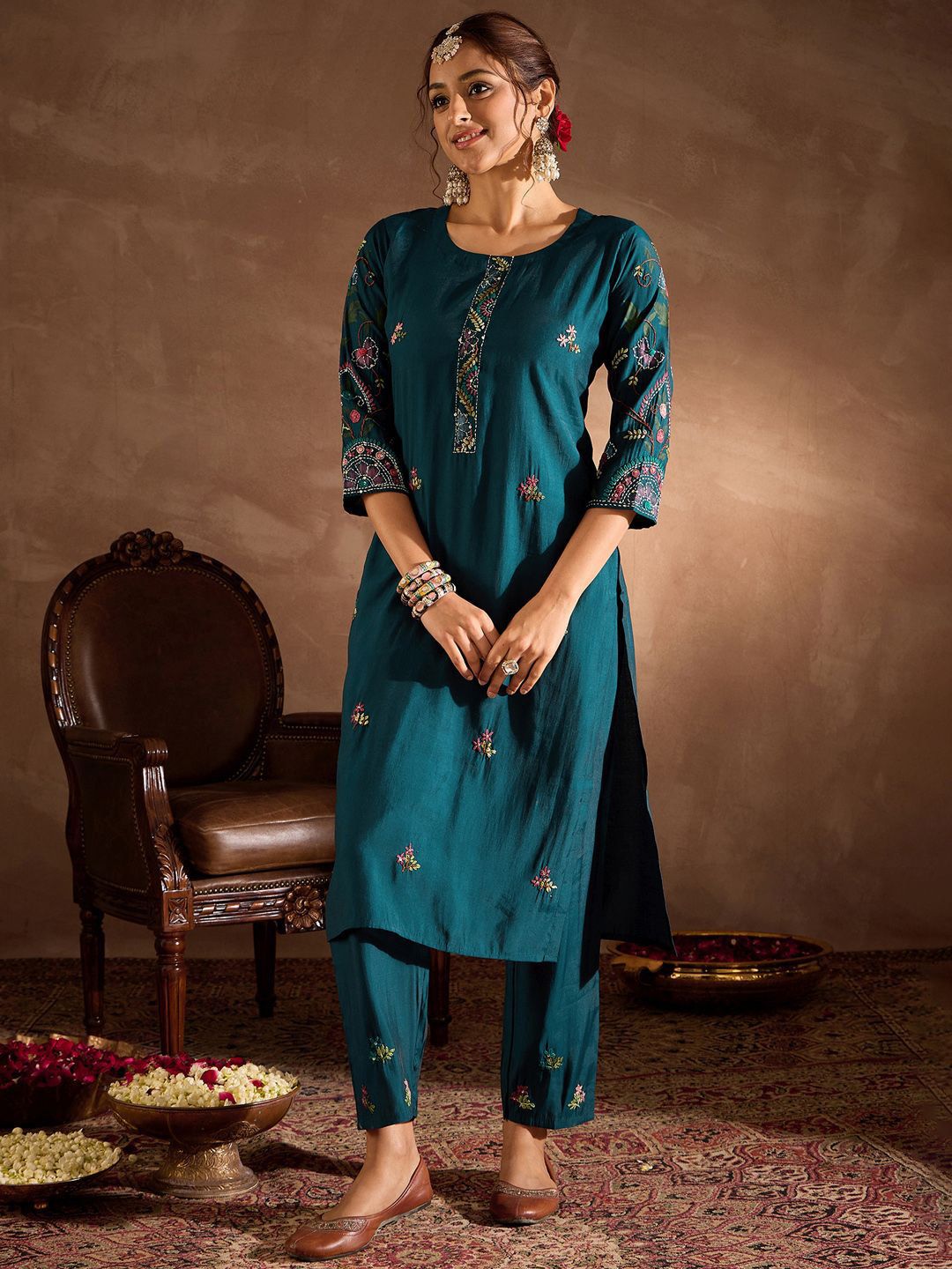 Indo Era Floral Embroidered Thread Work Straight Kurta With Trousers & Dupatta