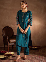 Thumbnail for Indo Era Floral Embroidered Thread Work Straight Kurta With Trousers & Dupatta
