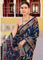 Thumbnail for Monjolika Fashion Silk Blend Navy Blue Printed Saree - Distacart