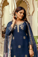 Thumbnail for The52 Navy Blue Women's Beautiful Viscose Chanderi Fabric Thread Work Straight Kurta Pant and Dupatta Set - Distacart