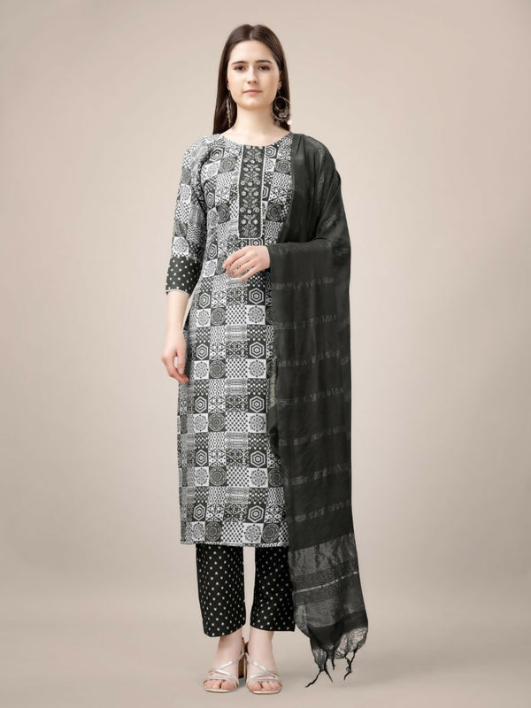 Jyoti Fashion Women's Black Rayon Print with Embroidery & Fancy Lace Work Kurta with Trouser & Dupatta - Distacart