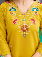 Thumbnail for The52 Yellow Women's Gorgeous Embroidered work Viscose Gadhwal Fabric Straight Kurta, Pant and Dupatta Set - Distacart