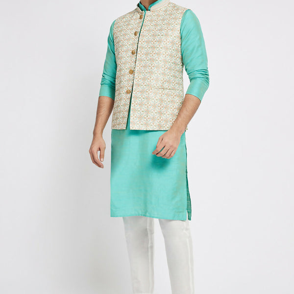 Ethnic India Light Blue Bundi Men's Jacket Abstract Polyester - Distacart