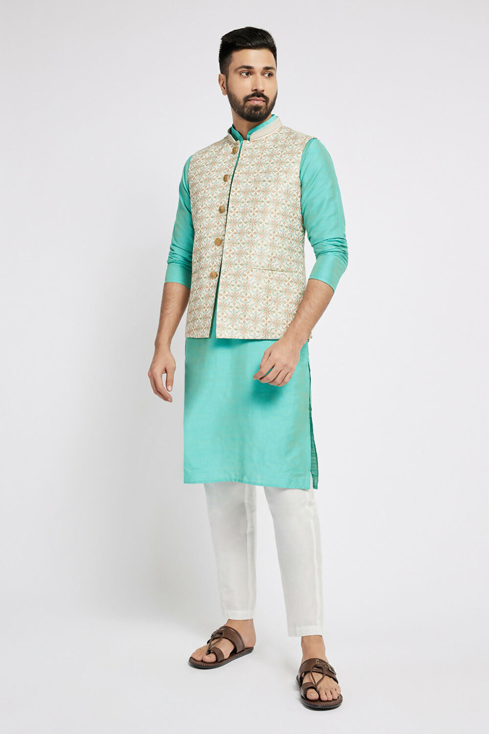 Ethnic India Light Blue Bundi Men's Jacket Abstract Polyester - Distacart