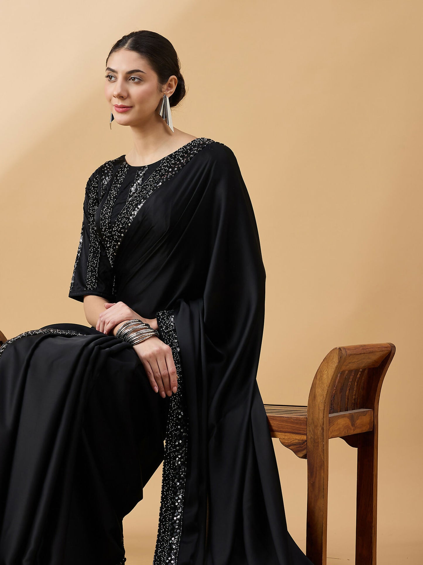 Black Satin Solid Sequence Work Saree with Stitched Blouse - Dharavi - Distacart