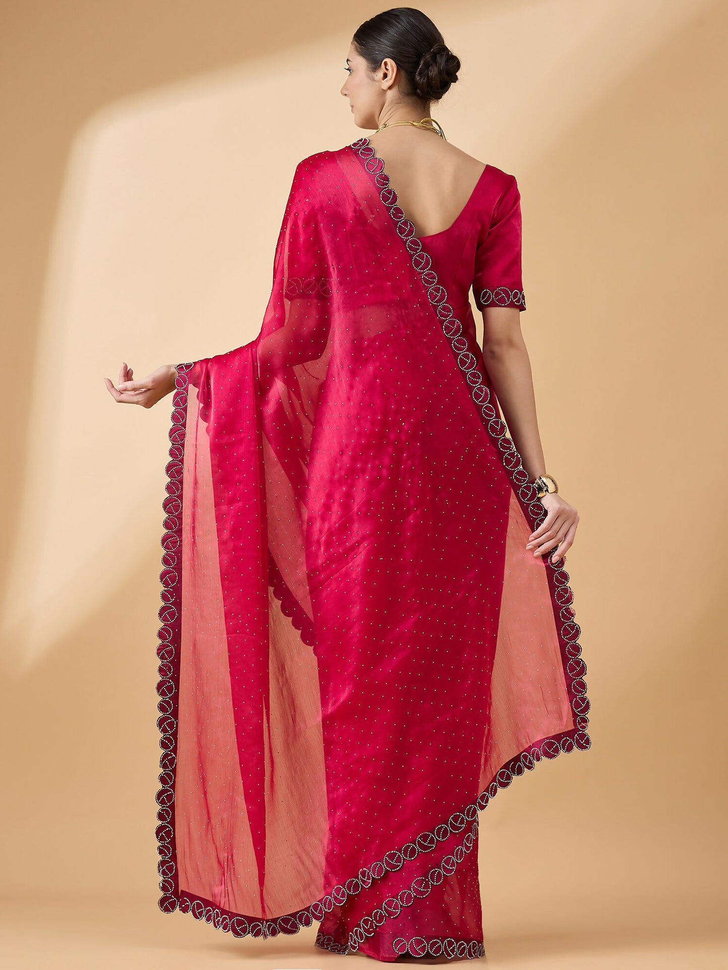 Pink Organza Swaroski Diamond Work Saree with Unstitched Blouse - Radha - Distacart