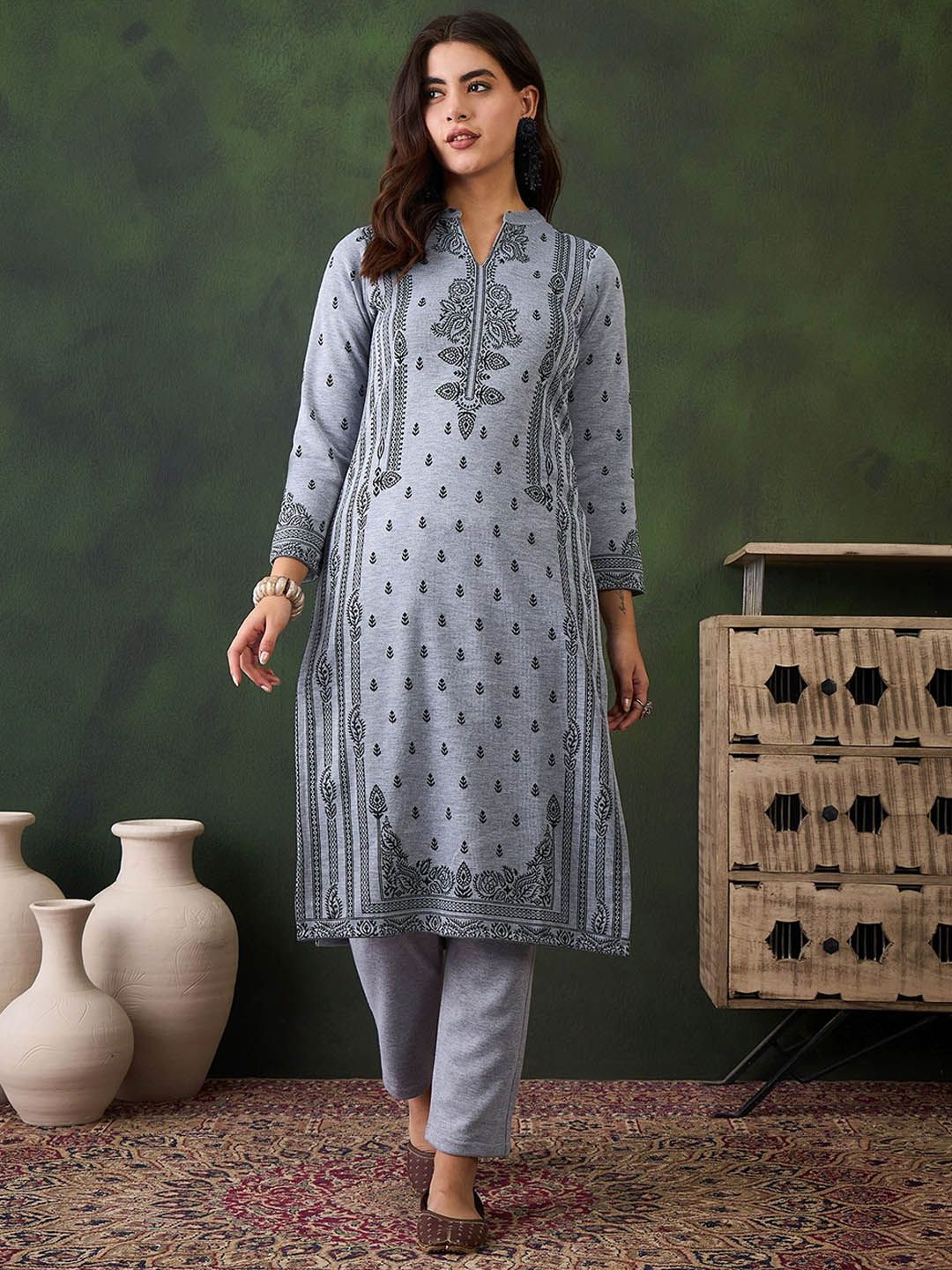 Sangria Self Design Winter Kurta & Trouser - Distacart