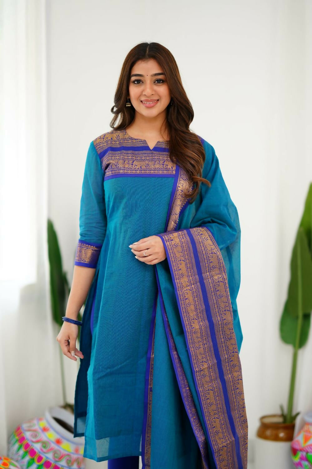 Divine Drape Women's Cotton Printed Straight Kurta With Dupatta - Sky Blue