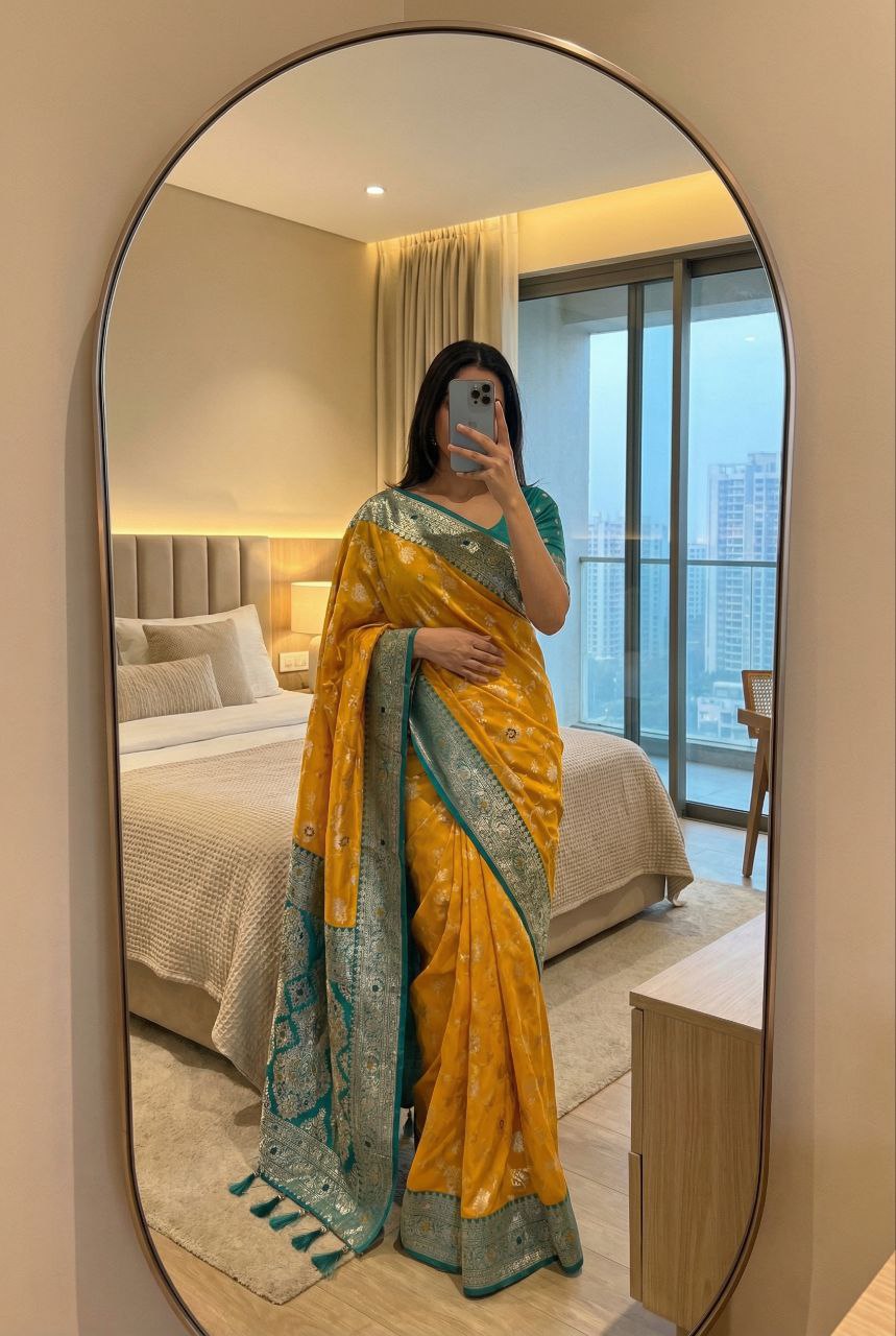 Mameraa Sarees Yellow Soft Silk Blend Saree With Zari Weaving Meenakari Design-Yellow - Dista