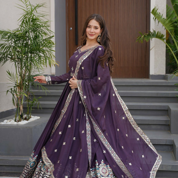 Teeya Creation Violet Color Pure Diamond Silk Wedding Wear Long Gown