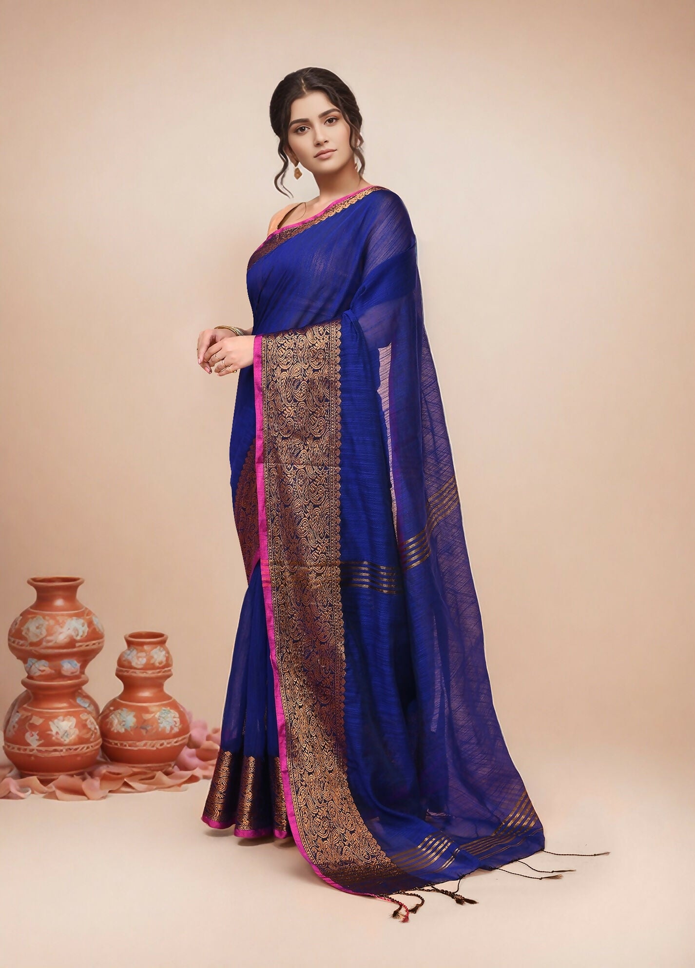 Joban Fashion Deep Navy Blue Cotton Blend Handloom Saree