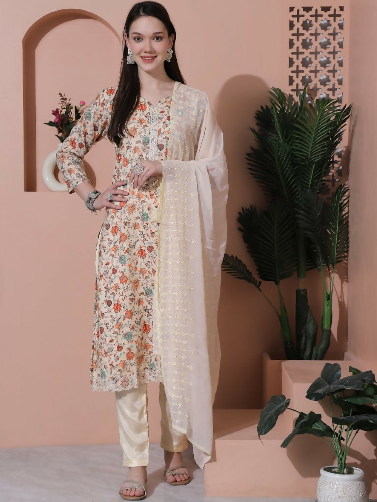 Jyoti Fashion Women's Beige Cotton Floral Digital Printed Kurta with Trouser & Dupatta - Distacart