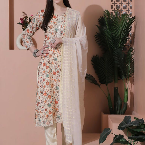 Jyoti Fashion Women's Beige Cotton Floral Digital Printed Kurta with Trouser & Dupatta - Distacart