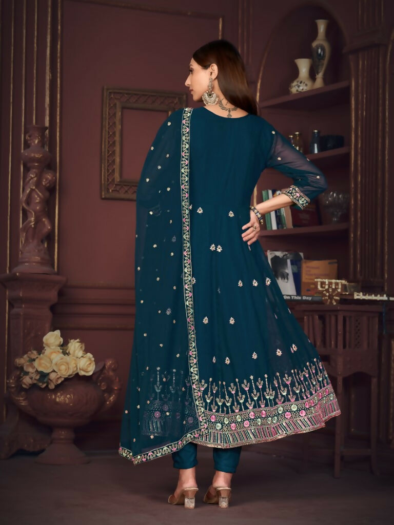 Jyoti Fashion Women's Rama Georgette Embroidered Anarkali Kurta Pant Set With Dupatta - Distacart