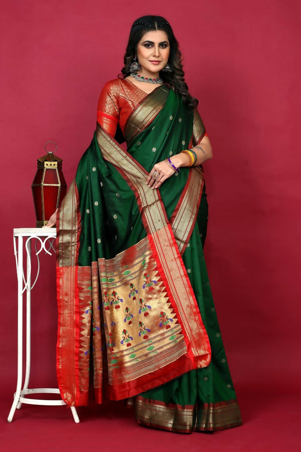 Jyoti Fashion Women's Bottle Green Paithani Silk Zari Woven Saree with Blouse - Distacart
