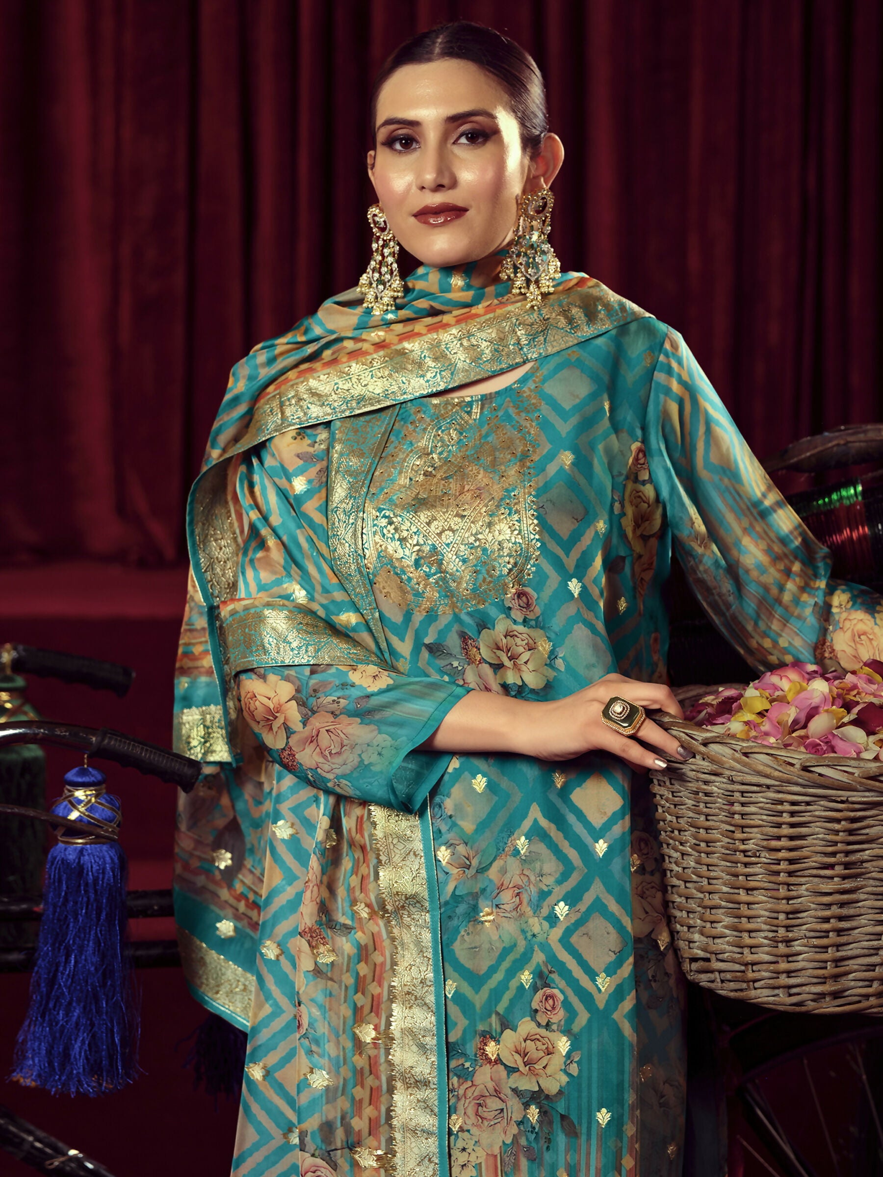 Jyoti Fashion Women's Turquiose Organza Jacquard Woven Kurta with Trouser & Dupatta - Distacart