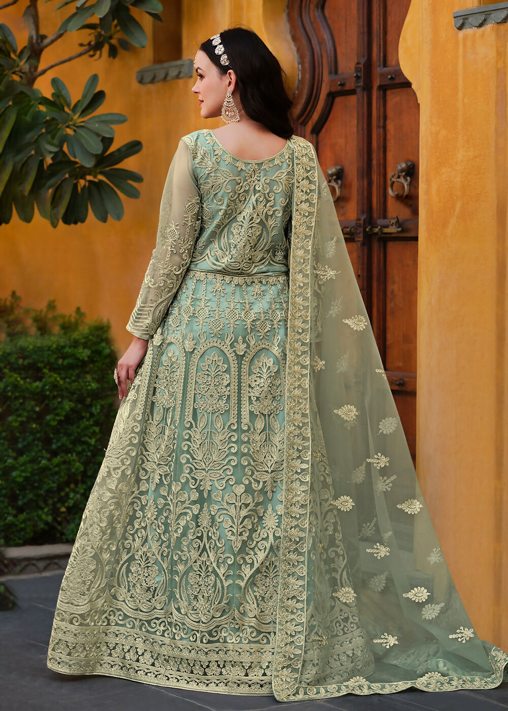Light Green Pure Butterfly Net Wedding Wear Anarkali Suit - Emponline - Distacart