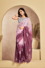 Thumbnail for Vastranavya White Onion Digital Printed Linen Ready To Wear Designer Saree with Unstitched Blouse - Distacart