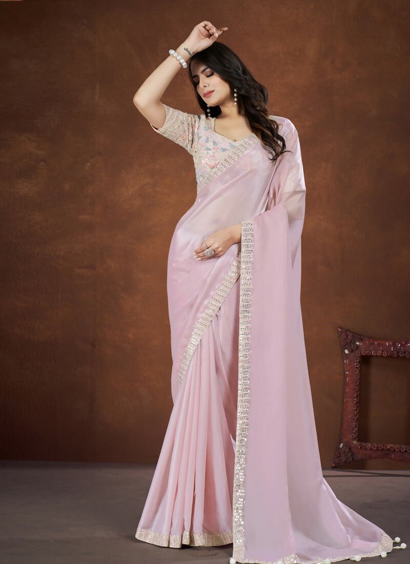 Baby Pink Crepe Satin Silk Embroidered Saree with stitched Blouse - Mohmanthan Saha Saki - Distacart