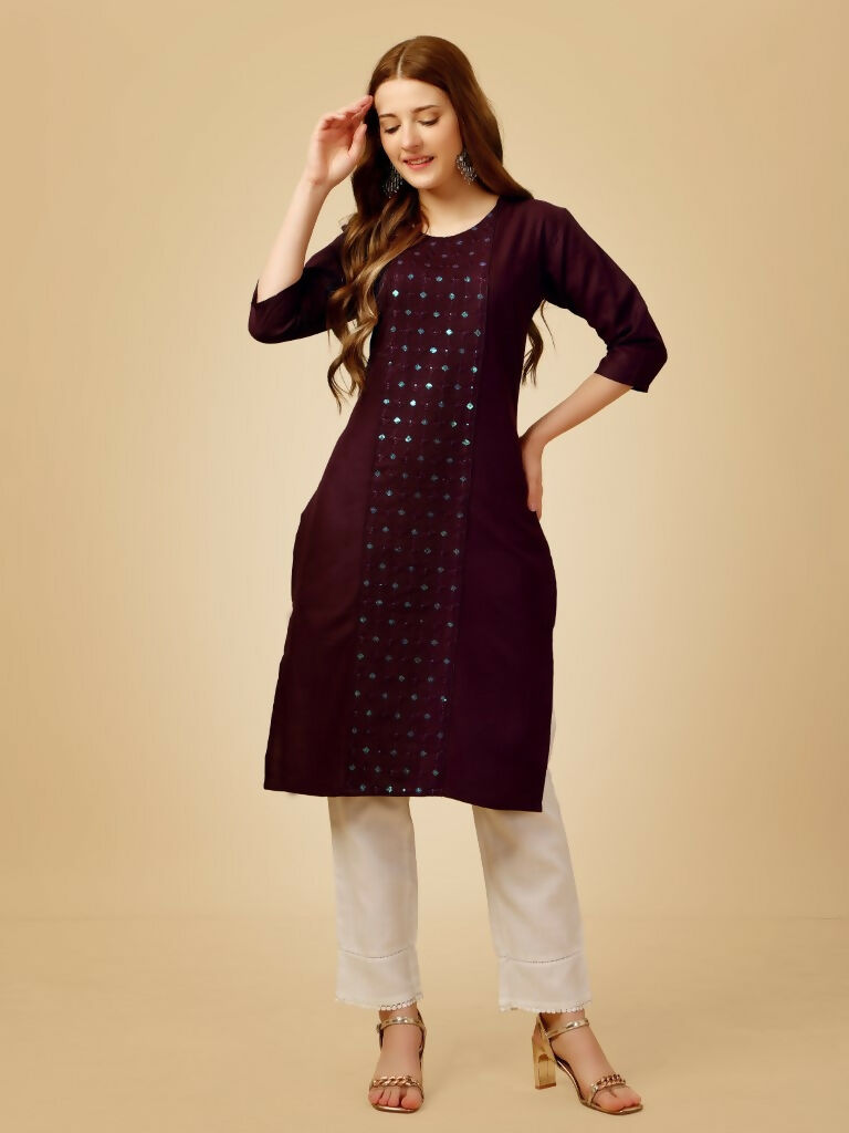 Jyoti Fashion Women's Wine Cotton Blend Embroidered Kurta Pant Set - Distacart